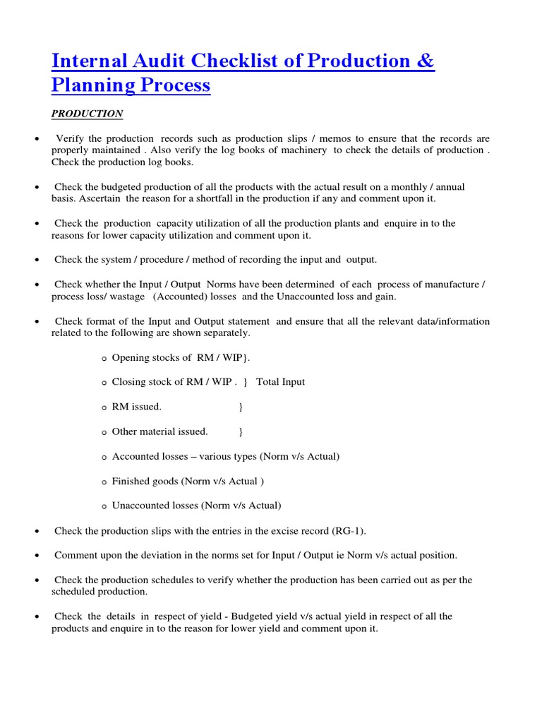 Production Internal Audit Checklist | PDF | Business | Economies