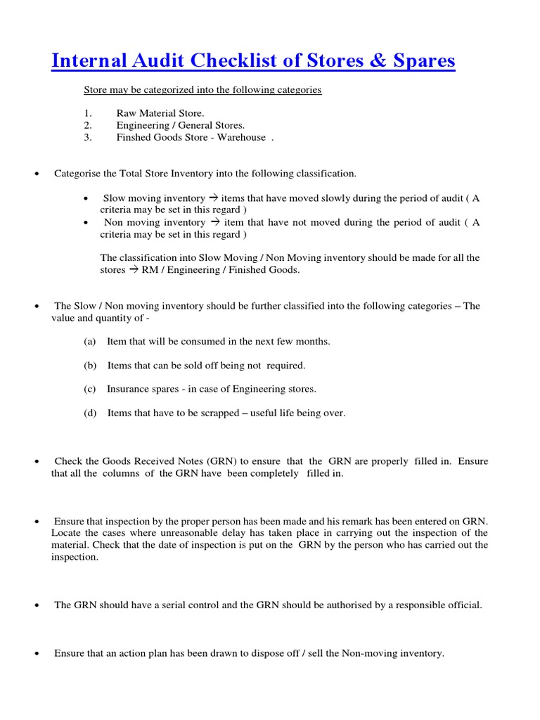 Stores & Spares Internal Audit Checklist | PDF | Inventory | Warehouse