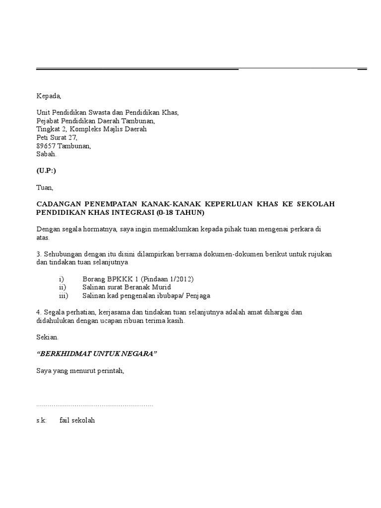 Contoh Surat Permohonan Penempatan Murid Khas Pdf