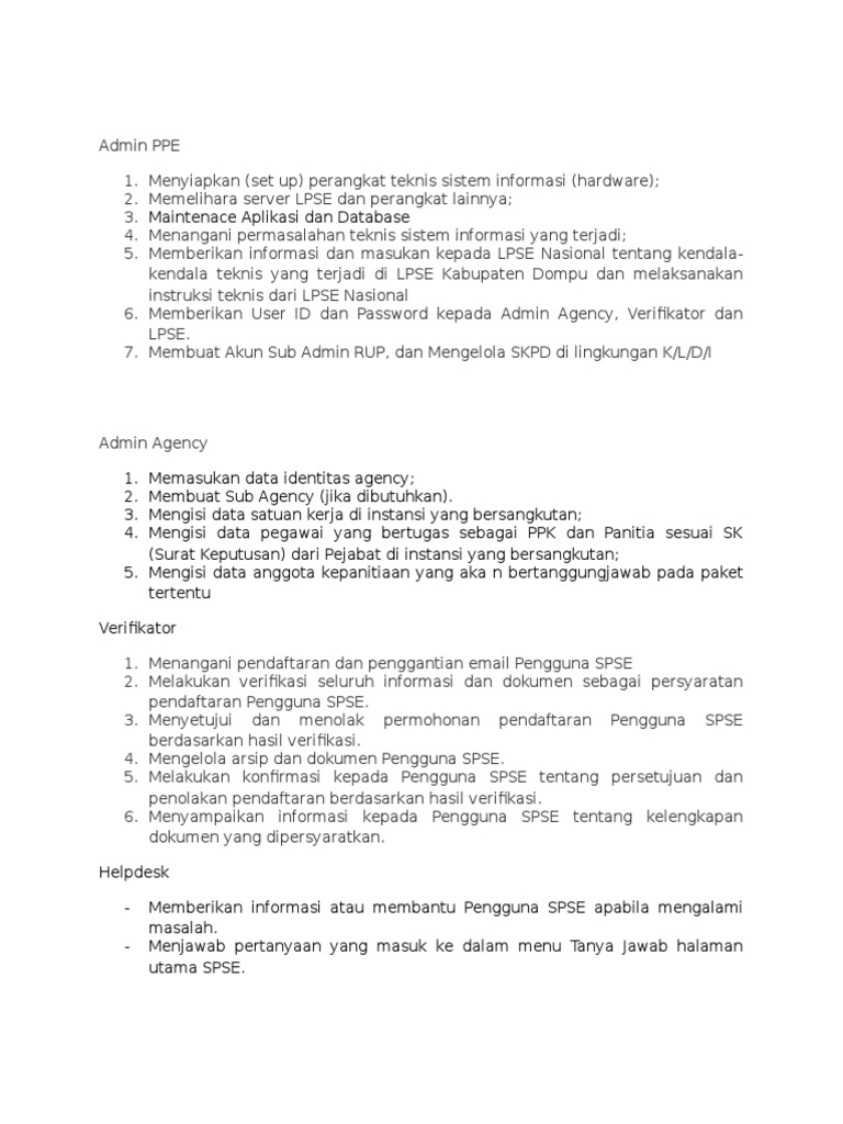 Tugas dan Fungsi Admin PPE SPSE | PDF