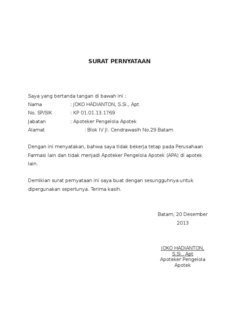 Contoh Surat Pernyataan Apoteker Untuk Asisten Apoteker Bagi Contoh Surat