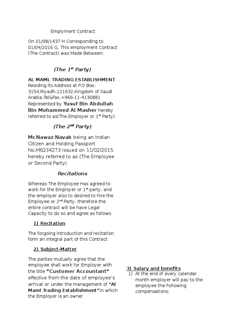 Employment Contract for Customer Accountant | PDF | Finance & Money ...