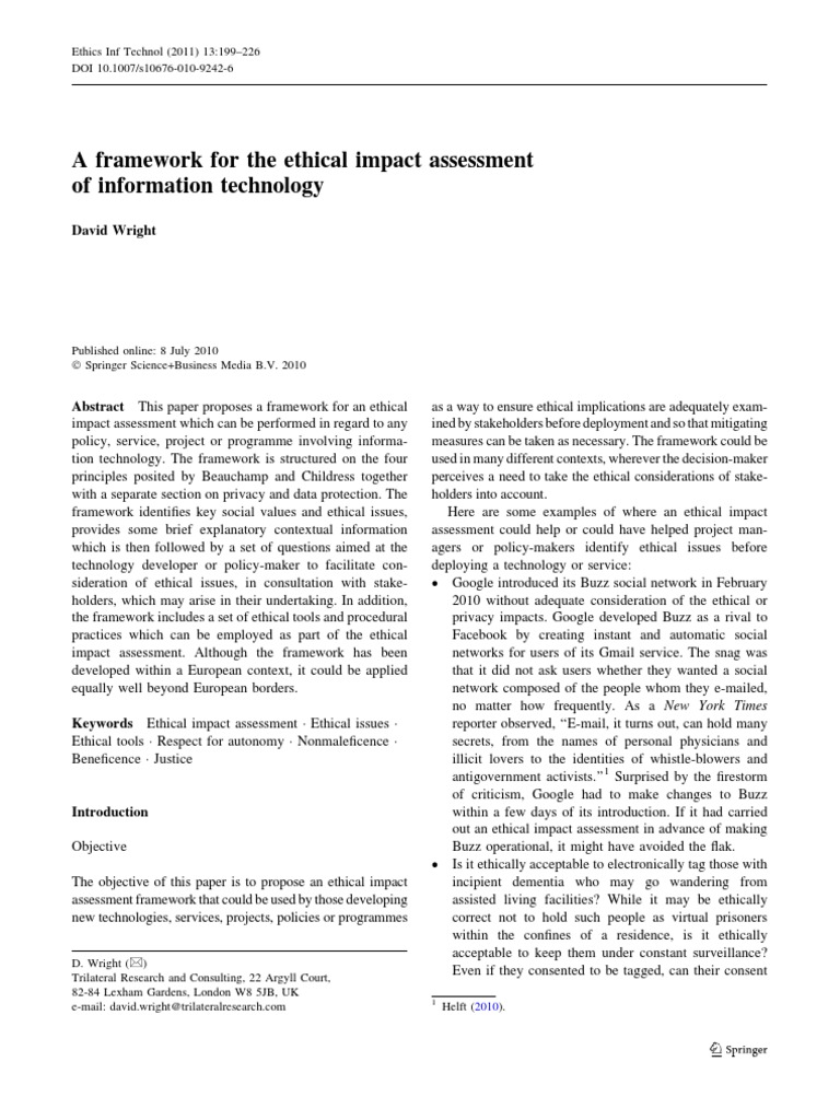 A Framework For The Ethical Impact Assessment of Information Technology ...