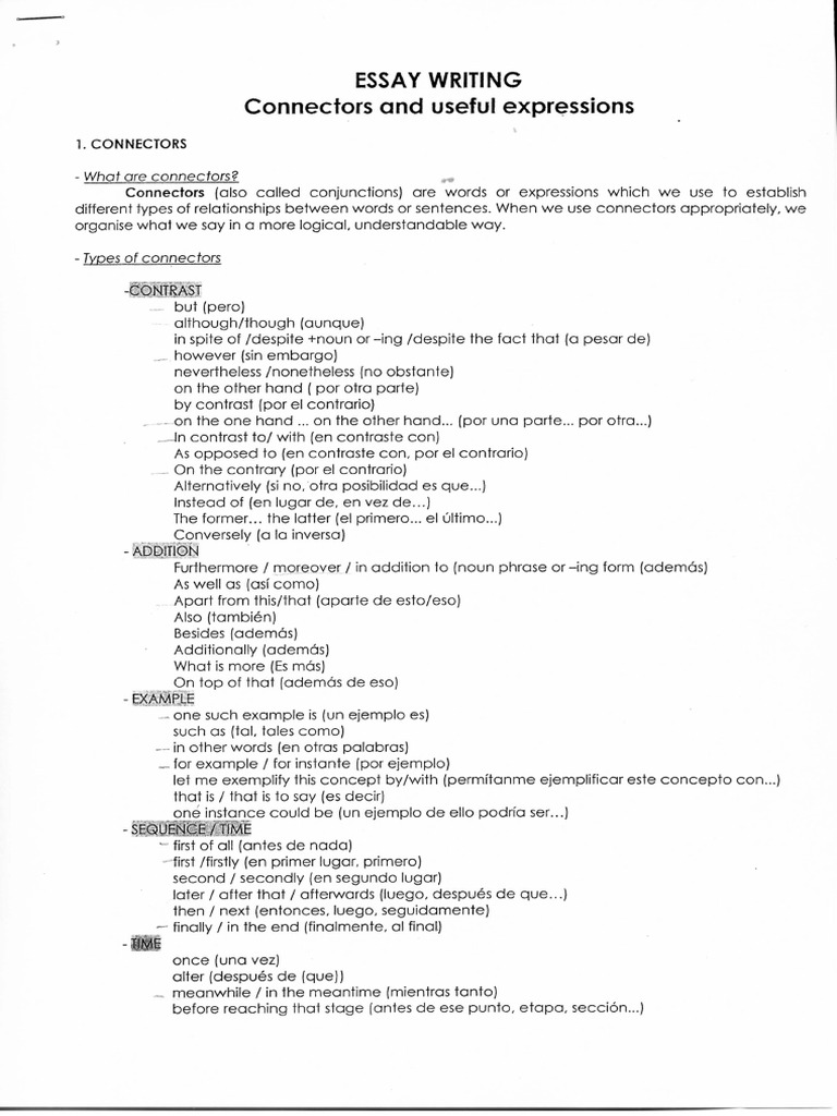 Connectors and Useful Expressions Writing English/Spanish