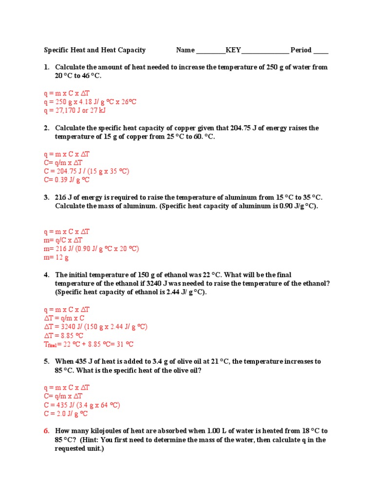 Specific Heat Activity Sheet Key Pdf