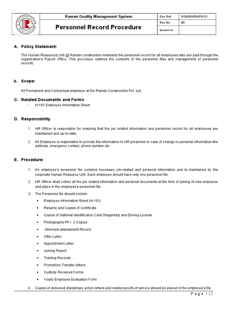 Personnel Record Management Procedure | PDF | Business