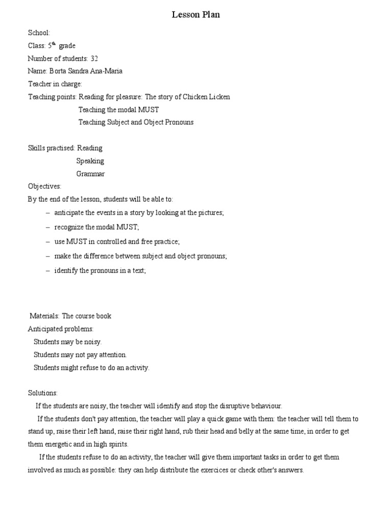 Grade 5 Chicken Licken Lesson Plan | PDF | Chicken | Pronoun