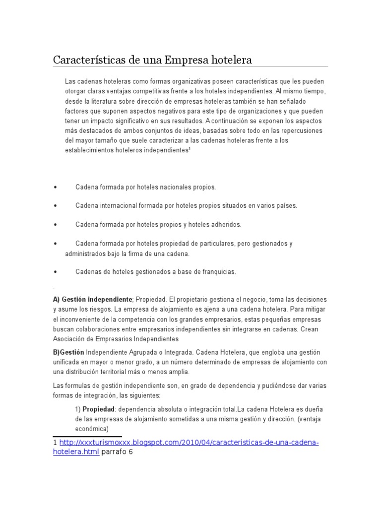 Características de Una Empresa Hotelera Hotel Economias