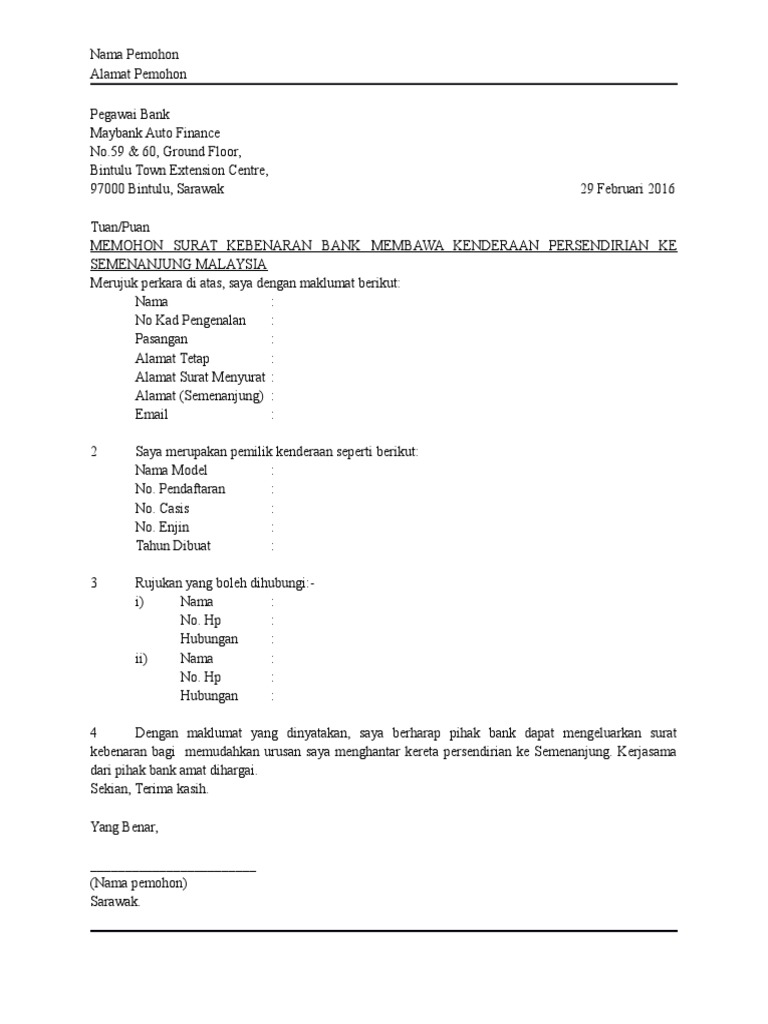 Format Surat Memohon Surat Kebenaran Bank | Pdf