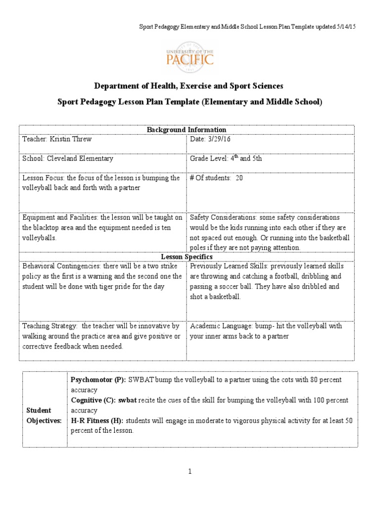 week 5 day 1 Volleyball Lesson Plan
