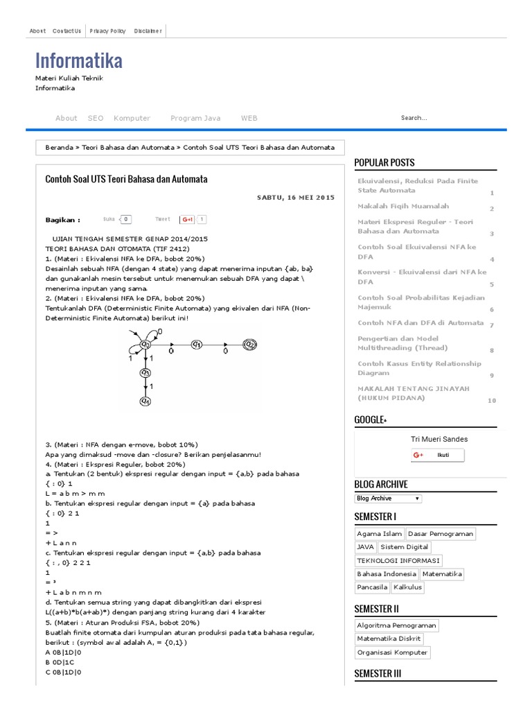 Contoh Soal Uts Teori Bahasa Dan Automata Informatika
