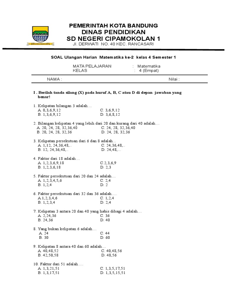 Soal ULANGAN HARIAN KE2 Matematika Kelas 4 Semester 1