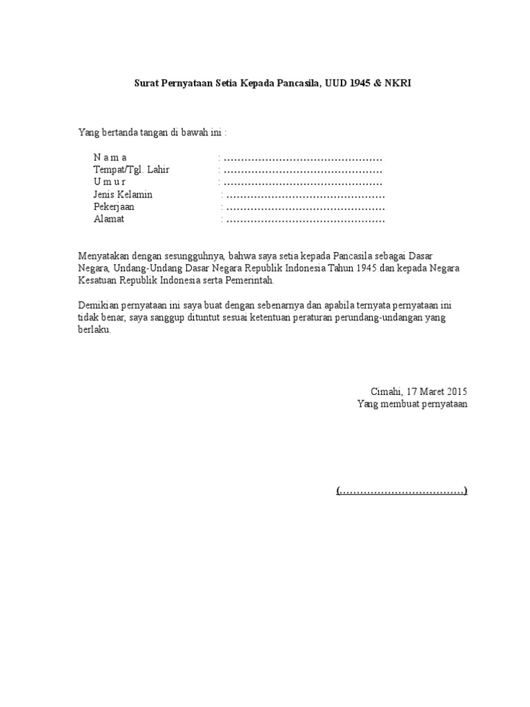 Surat Pernyataan Setia Kepada Pancasila Pdf