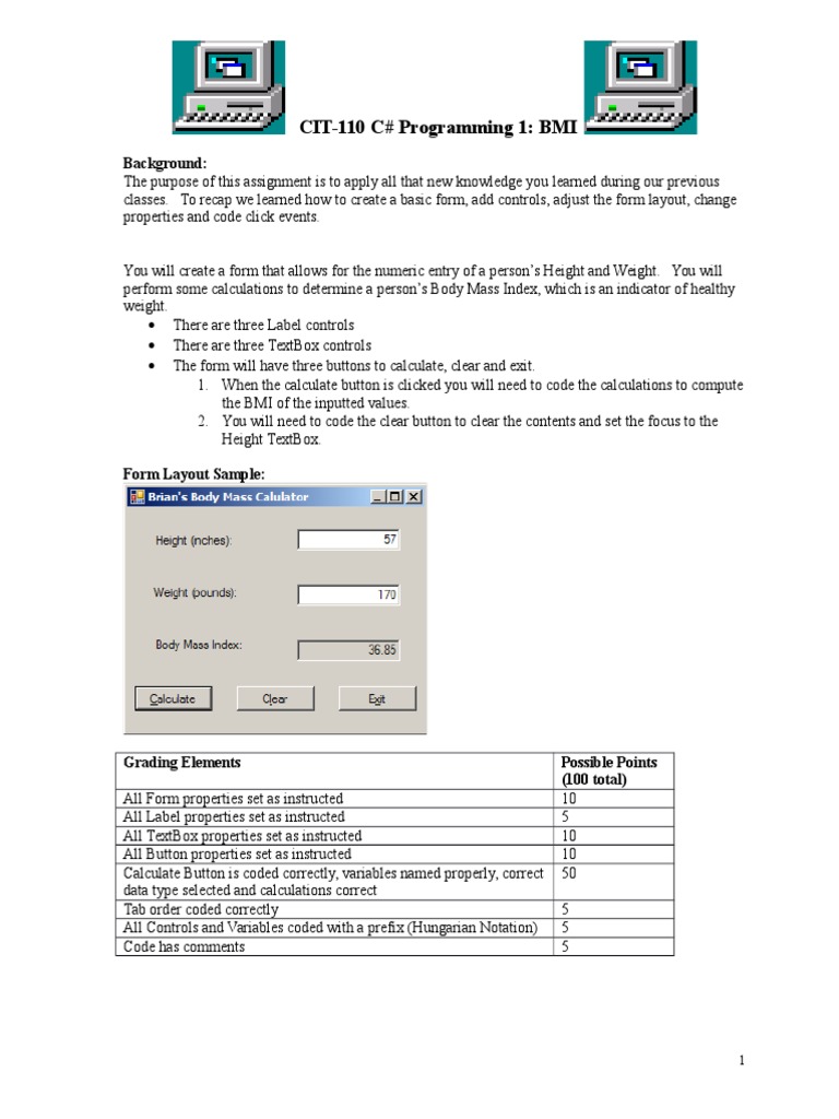C# BMI Calculator Assignment Guide | PDF | C Sharp (Programming ...