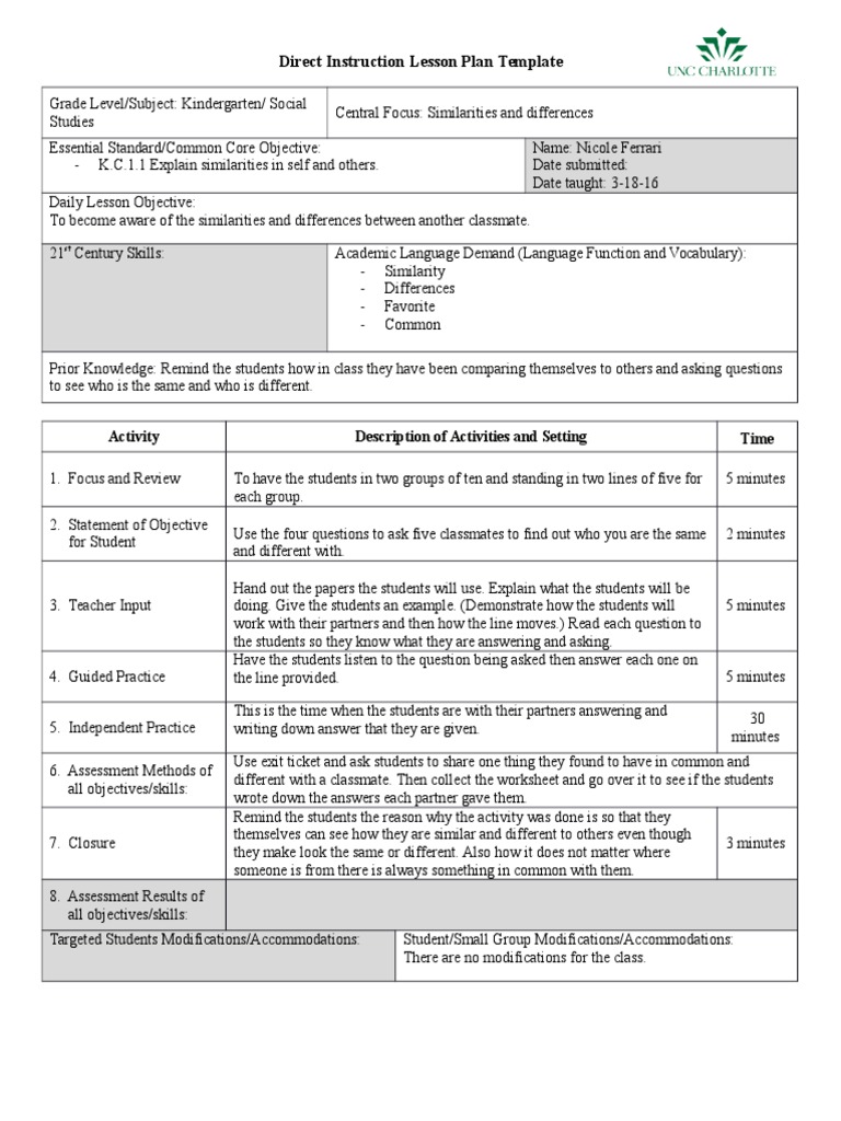 Direct Instruction Lesson Plan Template Activity Description of
