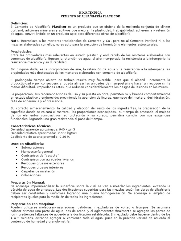 Cemento de Albañilería Plasticor: Usos y Propiedades | PDF | Hogar ...