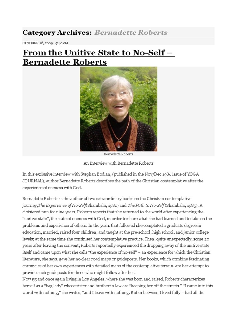 Intervista a Bernadette Roberts Transcendence (Religion) Consciousness
