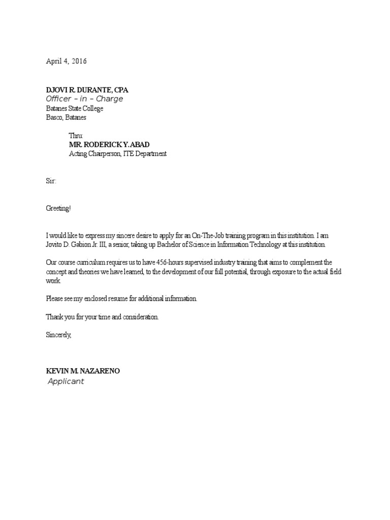 simple application letter ojt