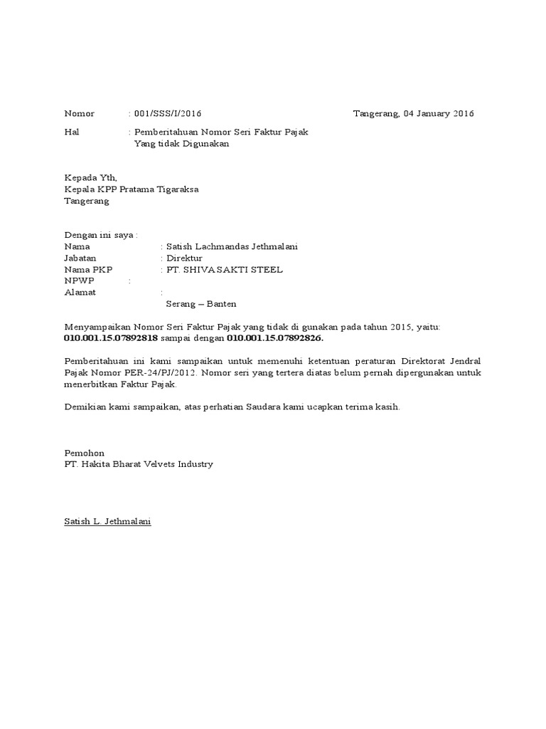 Surat Pemberitahuan Nomor Seri Faktur Pajak Yang Tidak