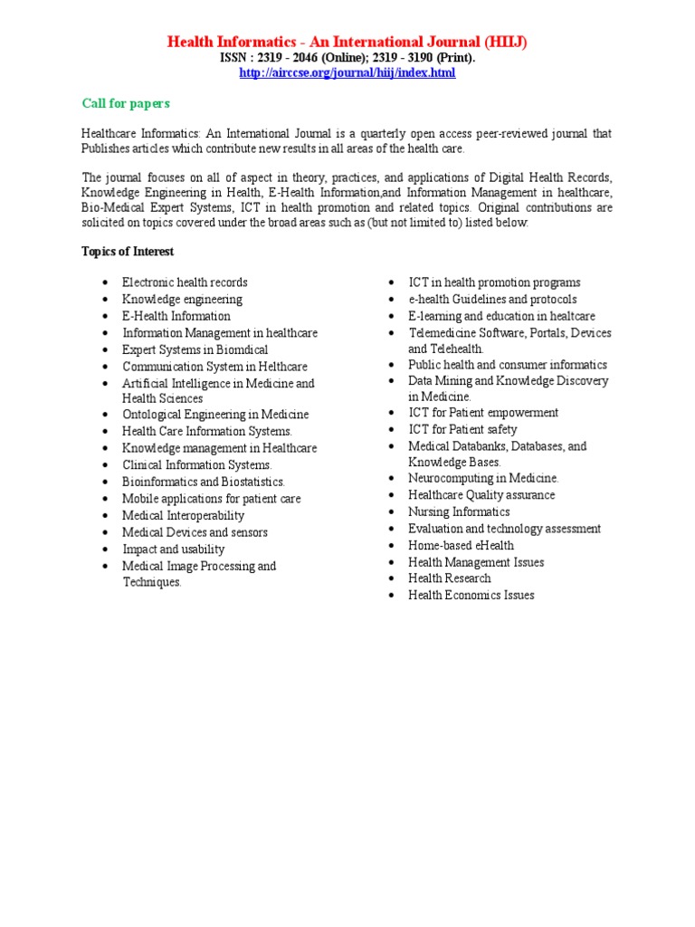 Call for Papers: Health Informatics Journal | PDF