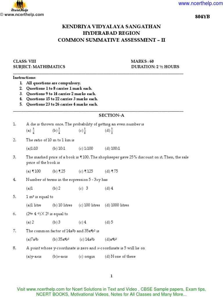 Cbse Sample Paper for Class 8 Mathematics Sa 2 Physics & Mathematics