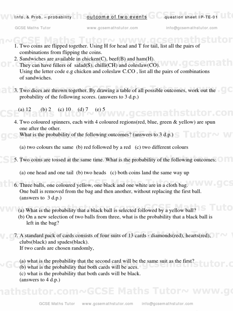 Two Independent Events Worksheet, Probability Revision From GCSE Maths