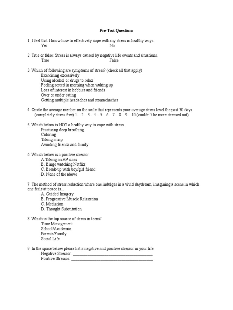 Stress Coping Skills Pre-Test Questions | PDF | Self-Improvement
