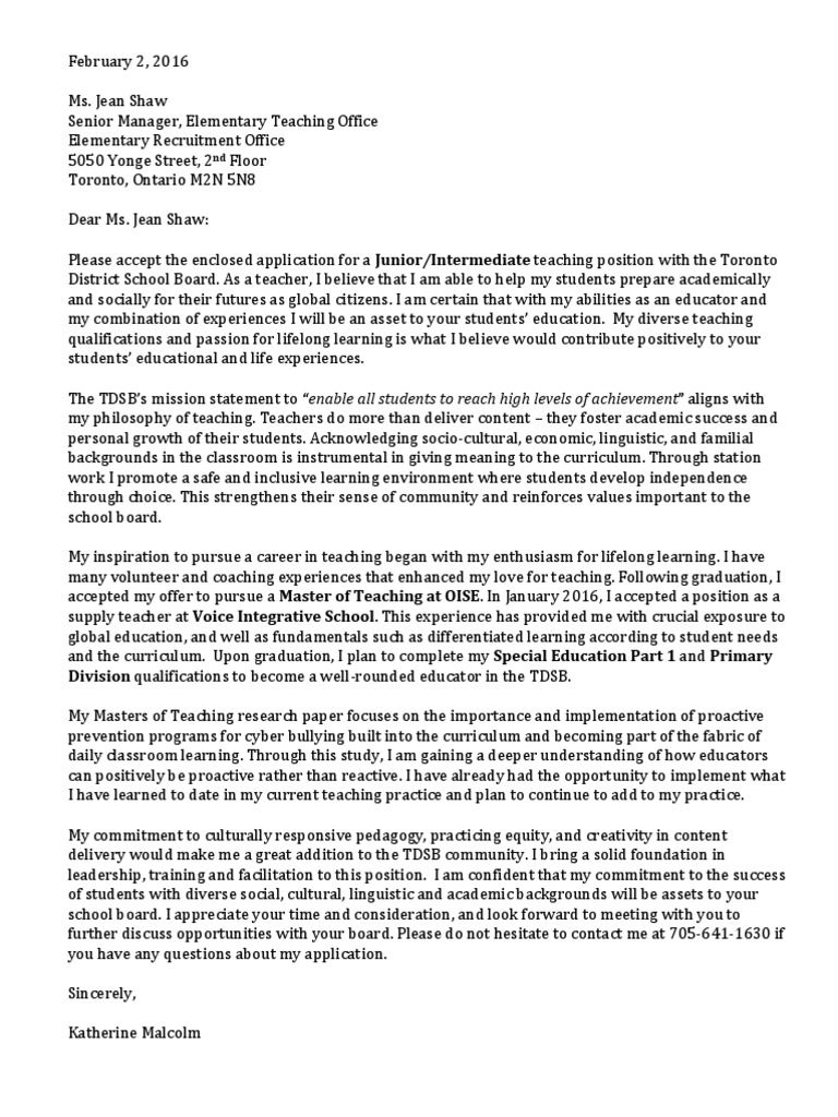 Tdsb Cover Letter Katherine Malcolm Teachers Curriculum