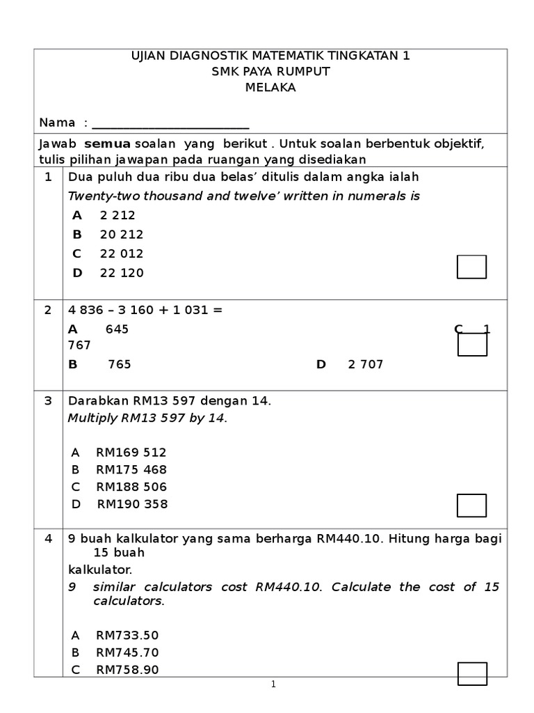 Ujian Diagnostik Matematik Tingkatan 1