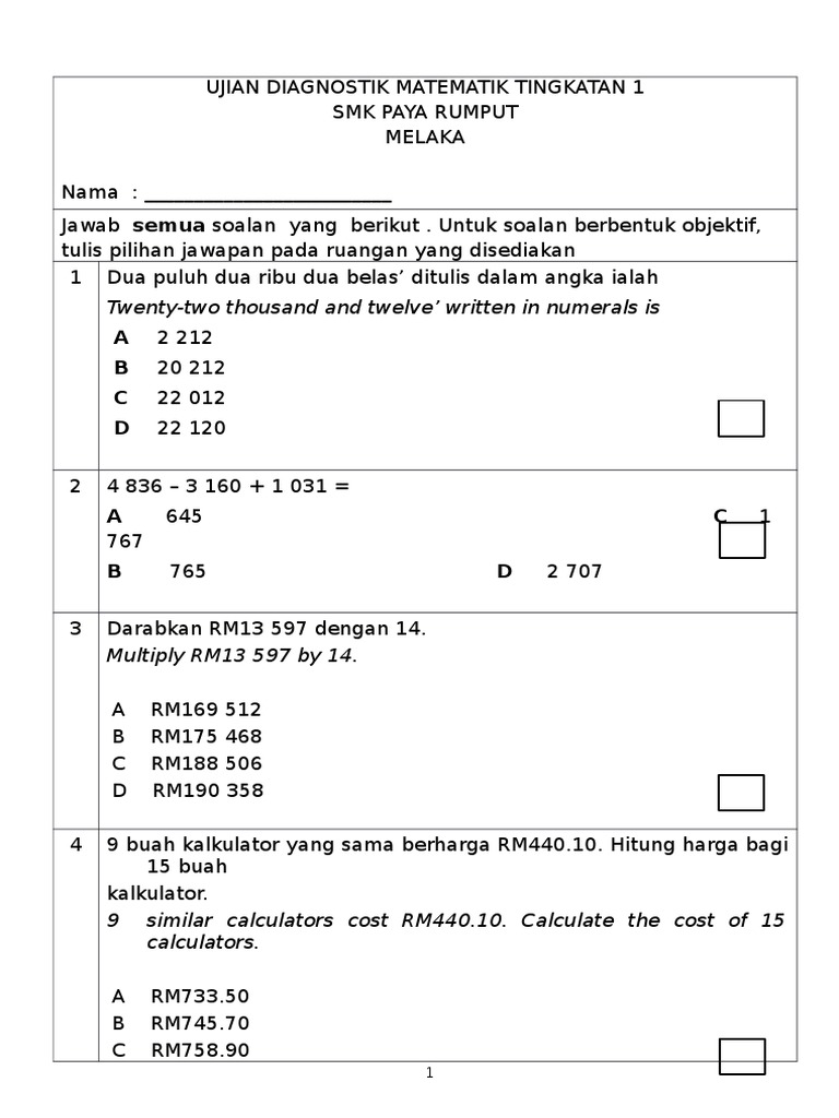Contoh Soalan Ujian Diagnostik Tingkatan 1  FrankieTrujillo