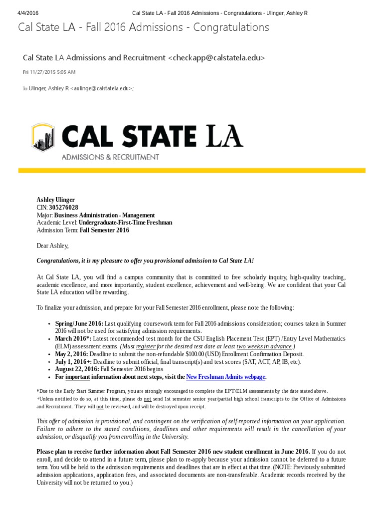 Cal State La - Fall 2016 Admissions - Congratulations - Ulinger Ashley ...