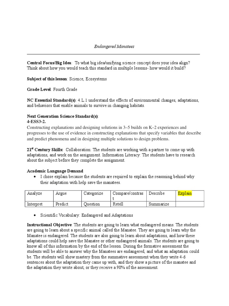 manatee lesson | Educational Assessment | Science
