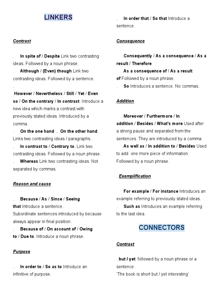 Linkers and Connectors PDF Comma Phrase