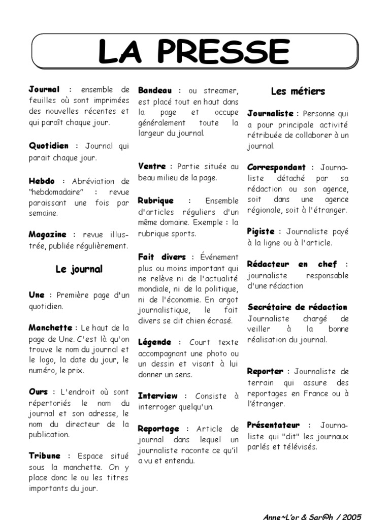 presse_vocabulaire  Journaux  Journaliste