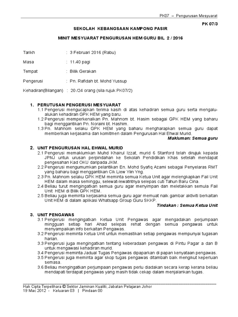 Minit Mesyuarat Pengurusan Hem Bil 2 2016