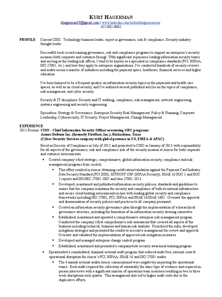 Kurt Hagerman CISO Resume April - 1584333010
