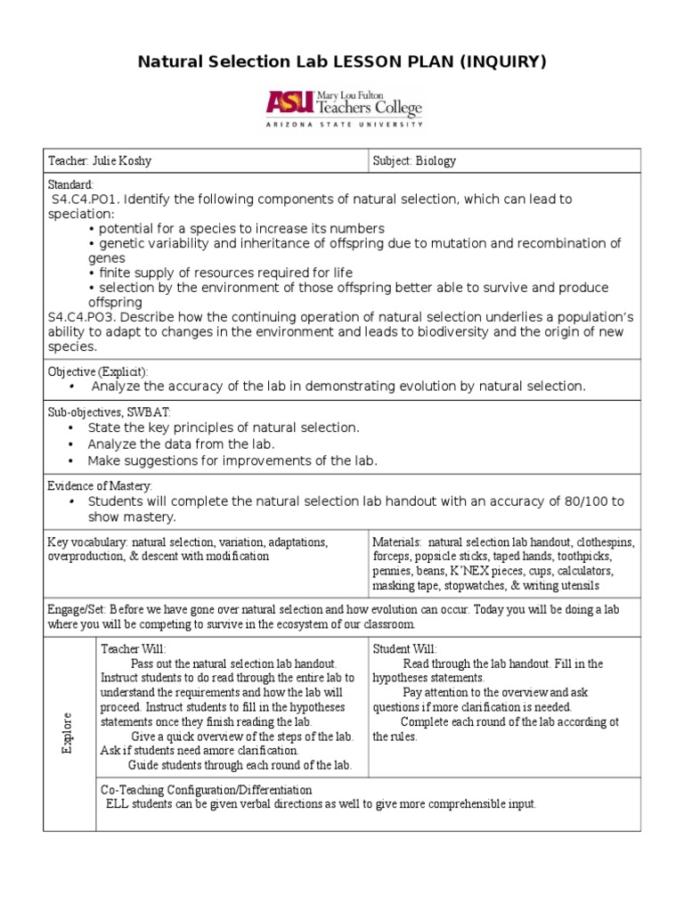 Natural Selection Lab Lesson Plan | PDF | Natural Selection | Evolution
