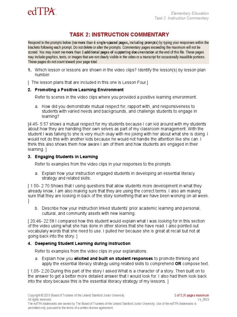 Task 2 Instruction Commnetary | PDF | Lesson Plan | Learning