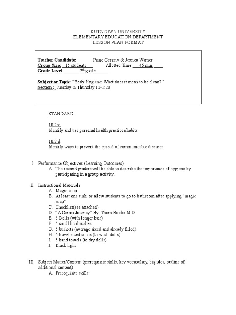 Eeu 205 Lesson Plan 1 | PDF | Hygiene | Lesson Plan