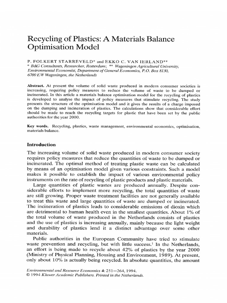 Recycling of Plastics - A Materials Balance Optimisation Model PDF ...