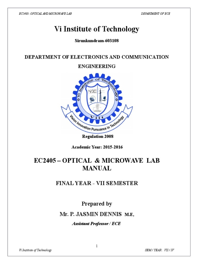 Vi Institute of Technology Ec2405 Optical & Microwave Lab Manual PDF Optical Fiber