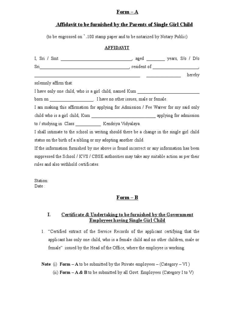 Form A Affidavit To Be Furnished by The Parents of Single Girl Child