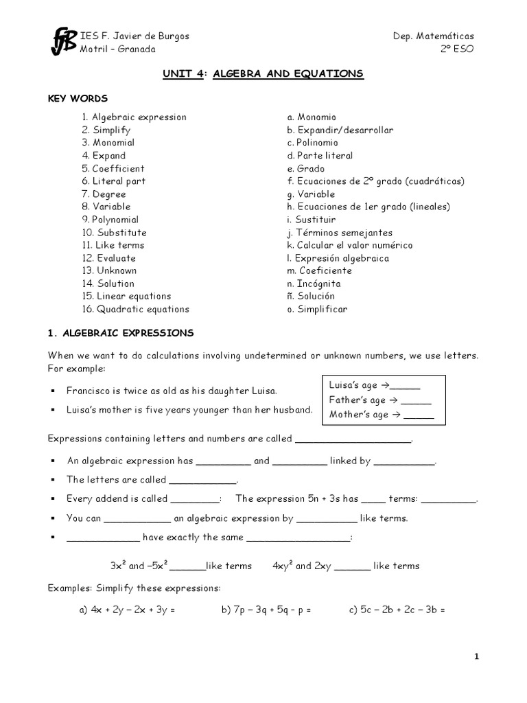 Unit 4 Algebra And Equations Pdf Polynomial Equations