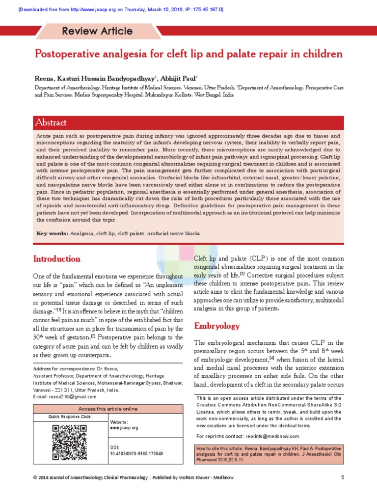 Postoperative Analgesia For Cleft Lip and Palate Repair in Children ...