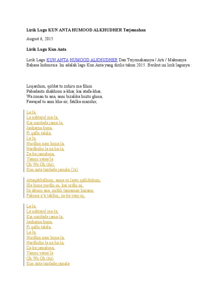 Lirik Lagu Kun Anta Humood Alkhudher Terjemahan Pdf