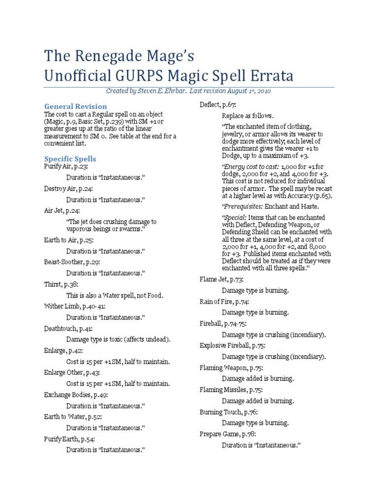 Gurps 4e Unofficial Gurps Magic Errata By Steven Ehrbar Pdf Ice