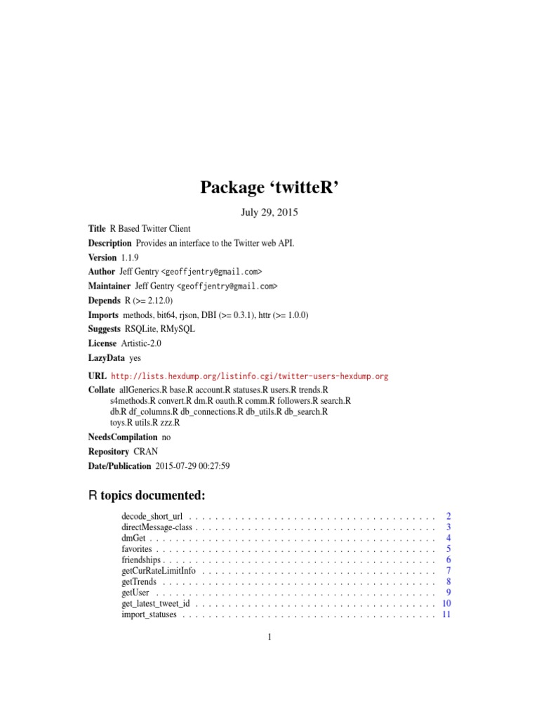 Package Twitter': R Topics Documented | PDF | Twitter | Parameter ...