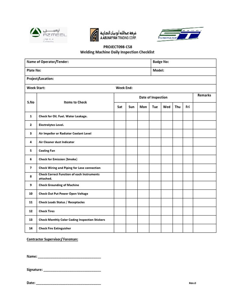 Checklist Welding Machine Sample Pdf