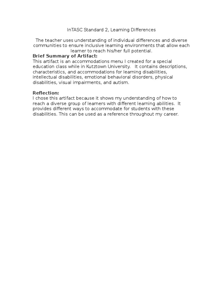 Intasc Reflection Standard 2 | PDF