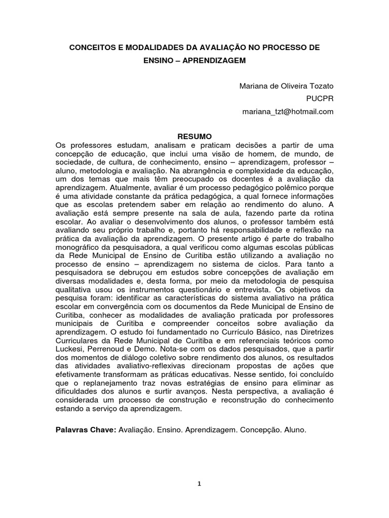 Avaliação no Ensino: Conceitos e Modalidades | PDF | Aprendizado ...